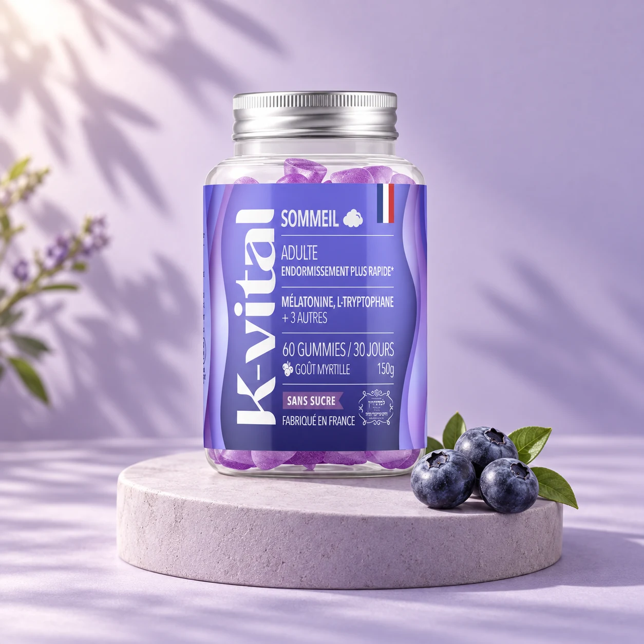 Pot de gummies Sommeil K-Vital et myrtilles, mur lilas